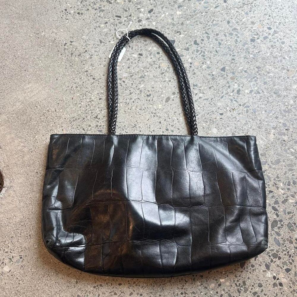 Falor Made in Italy Genuine Leather Black Croc Embossed Tote Bag